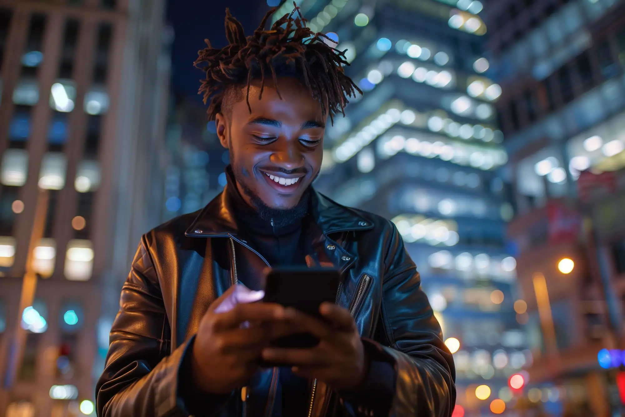 Black man smiling while using phone chat line at night in the city - Real connections with TheFreePhoneChat